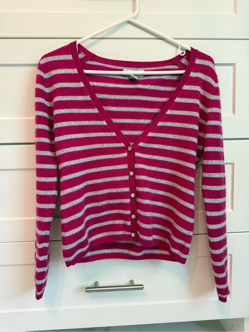 Bay Studio Fuchsia and Light Gray Striped V-Neck Button Cardigan